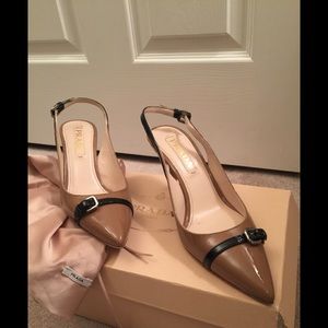 Prada sling back tan & black heels.